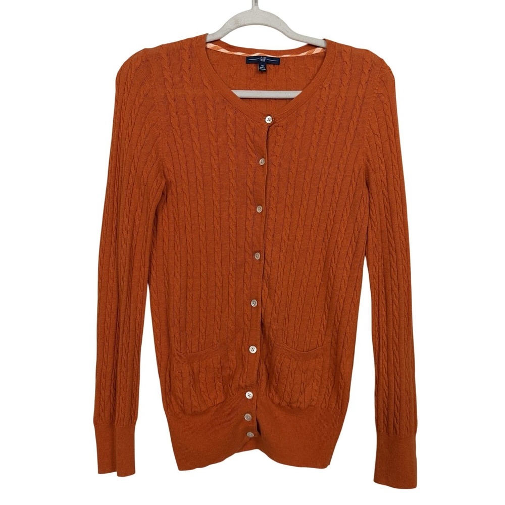 Y2K GAP Cable Knit Cardigan Sweater Sz M Orange Cotton Wool Lightweight Preppy